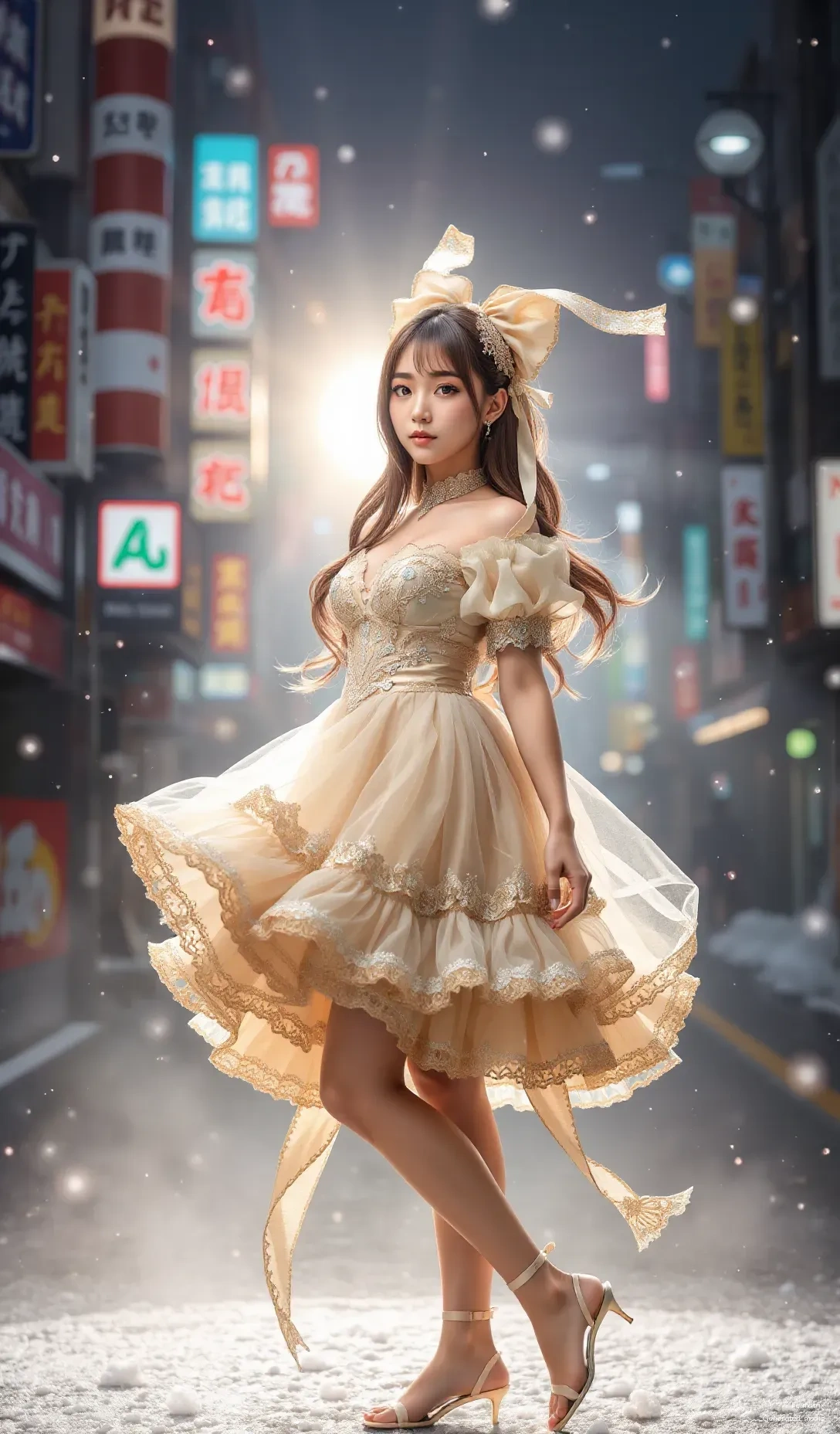 I’m walking through the neon streets, where the city lights dance like a dream.   This dress? It’s not just a gown — it’s my secret escape, my quiet rebellion.   I’m not lost. I’m just... here.