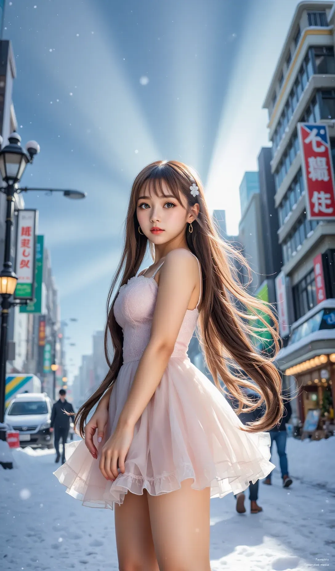 I didn’t expect winter to be this beautiful…   Snowflakes, streetlights, and a little pink dress.   This is my perfect moment. 🌸