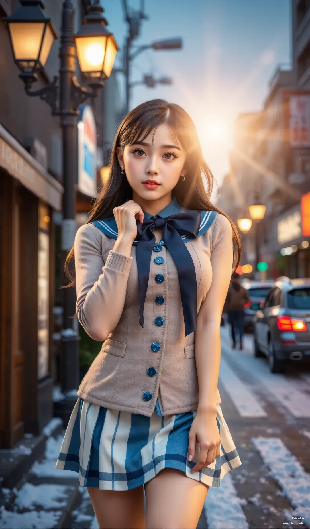 Amber Radiance: The Golden Hour Silhouette in a Snowy Street