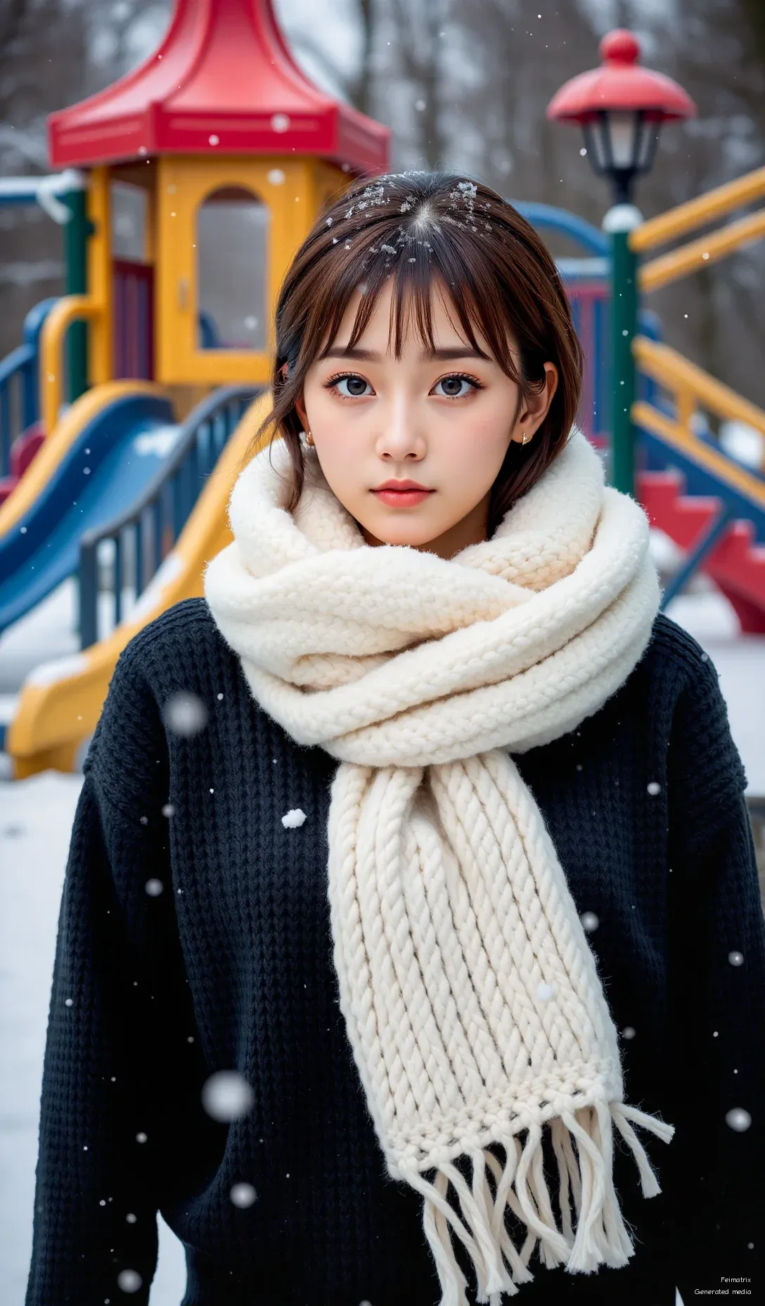 Snowflakes are falling gently—just like the quiet moments I love. 🌨️  
Wearing my favorite scarf, standing in the snow, surrounded by colorful playgrounds and winter magic.  
Let’s make memories, not just in photos, but in hearts. ❤️