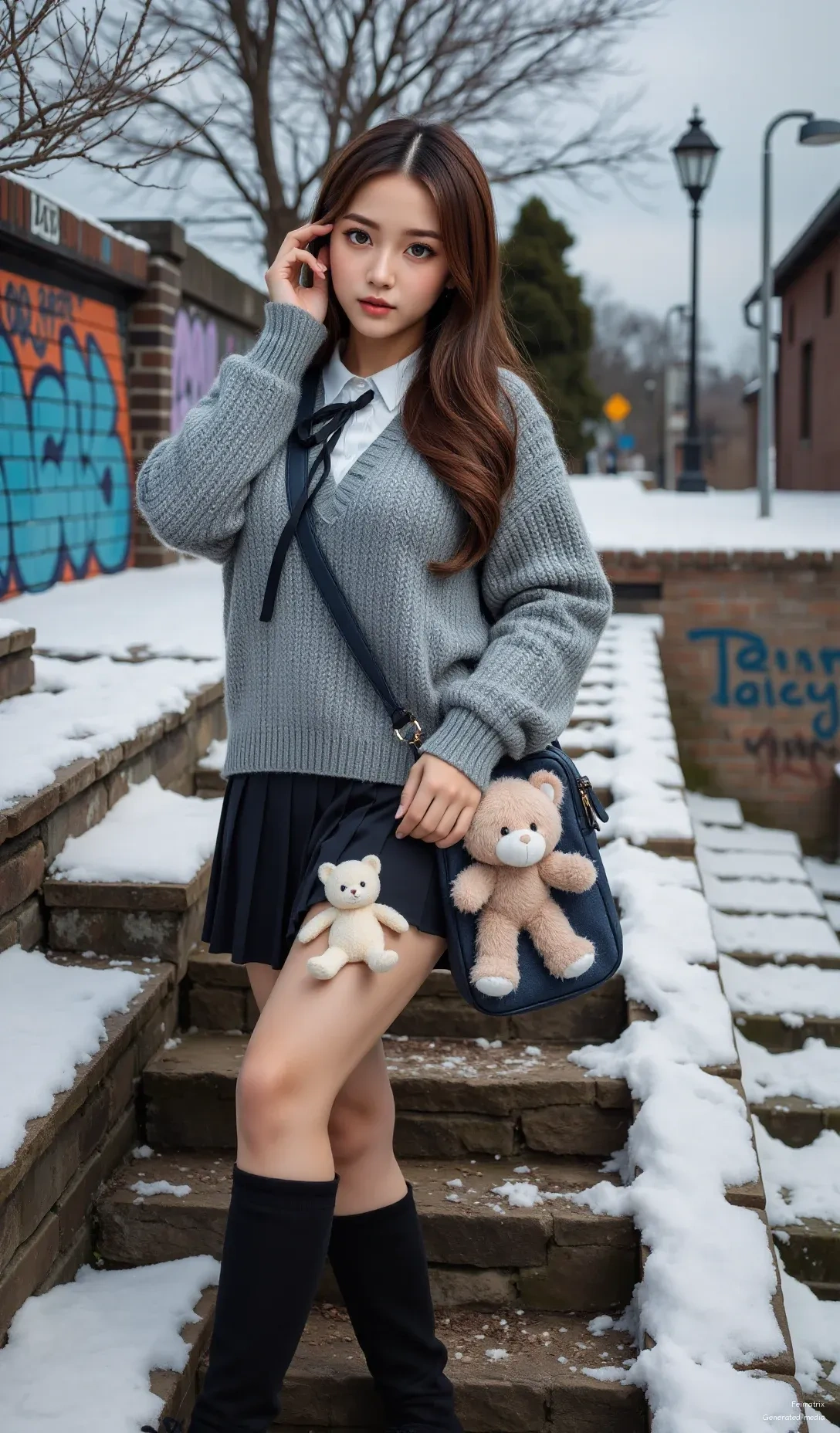 ❄️ Winter vibes only 🎀  
Just stepped out of my cozy hoodie and into this snowy street—perfect for a little photo session with my two favorite bears 🐻🤍  
One’s in my bag, the other’s in my hand… and I’m not even sure which one I’m holding closer. 😏