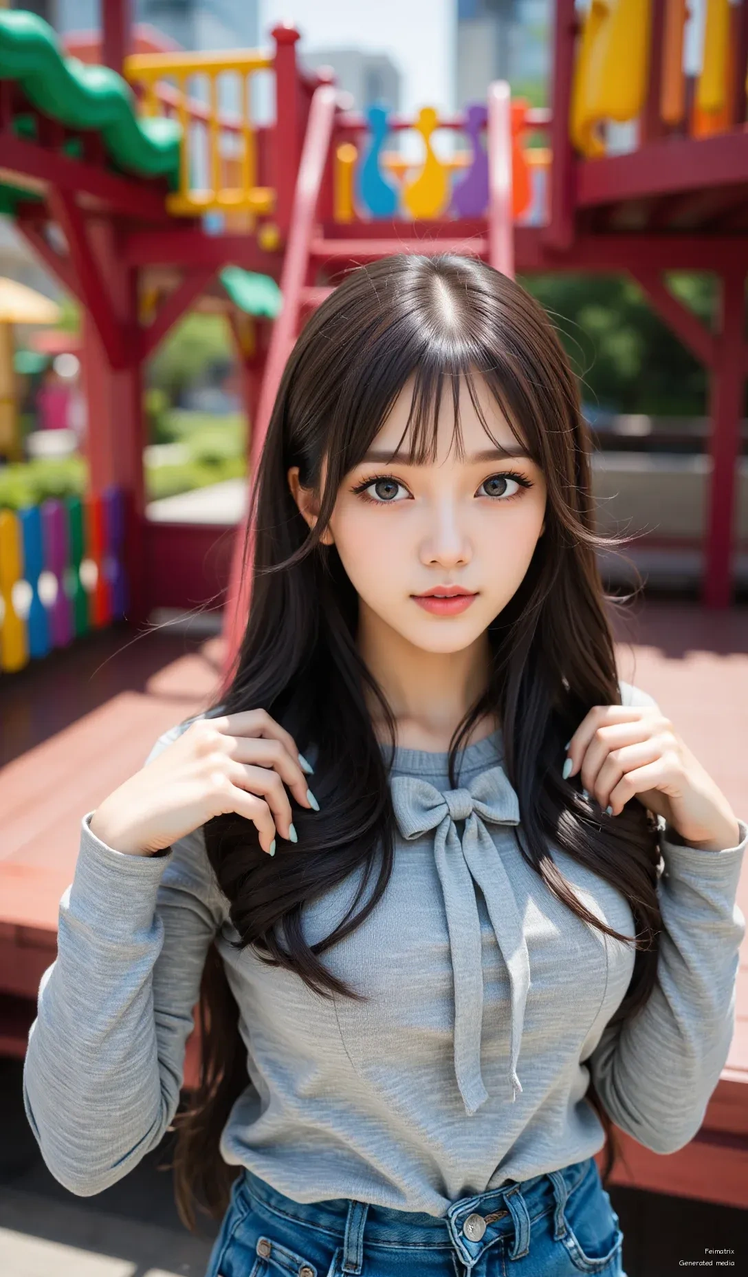 Just had the most beautiful day at the playground 🌞✨  
Wearing my favorite gray bow top and jeans—perfect for a sunny afternoon.  
Can’t wait to come back and play again! 😊