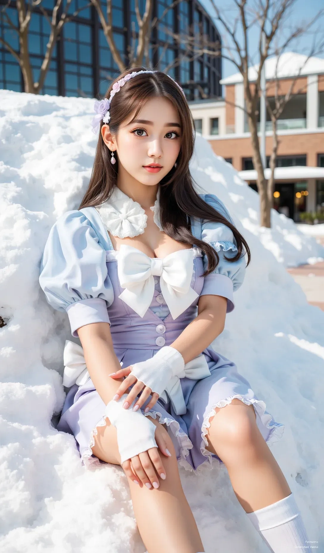 ❄️ Winter Wonderland, My Favorite Season 🌸  
I’m sitting here in my little lavender dress, surrounded by snow — it’s the most magical, cozy feeling.  
No one else in the world gets to see this moment… except maybe my fans. 😉