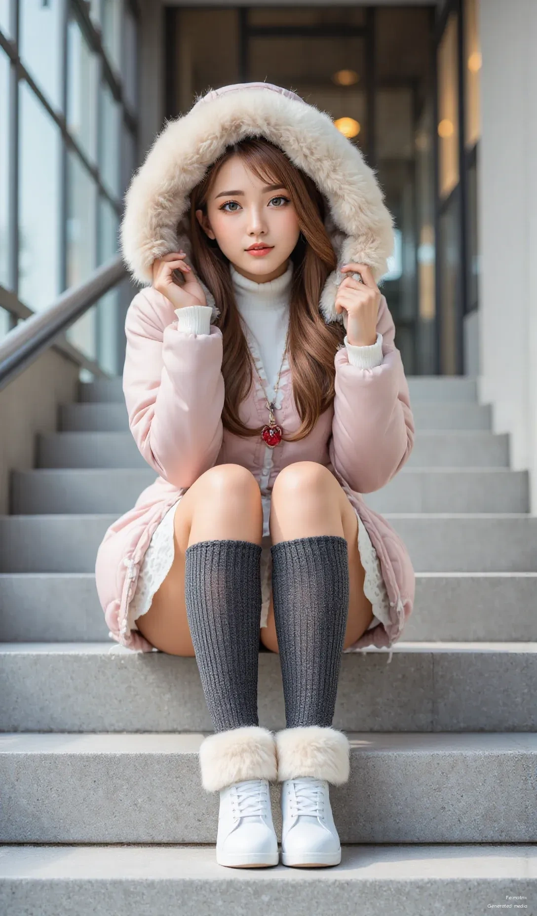 ❄️ Just found the perfect spot to chill — these steps are cozy, and my pink winter coat + fuzzy boots? Iconic. 🧣👟  
Who else loves a little fluff and warmth on cold days?