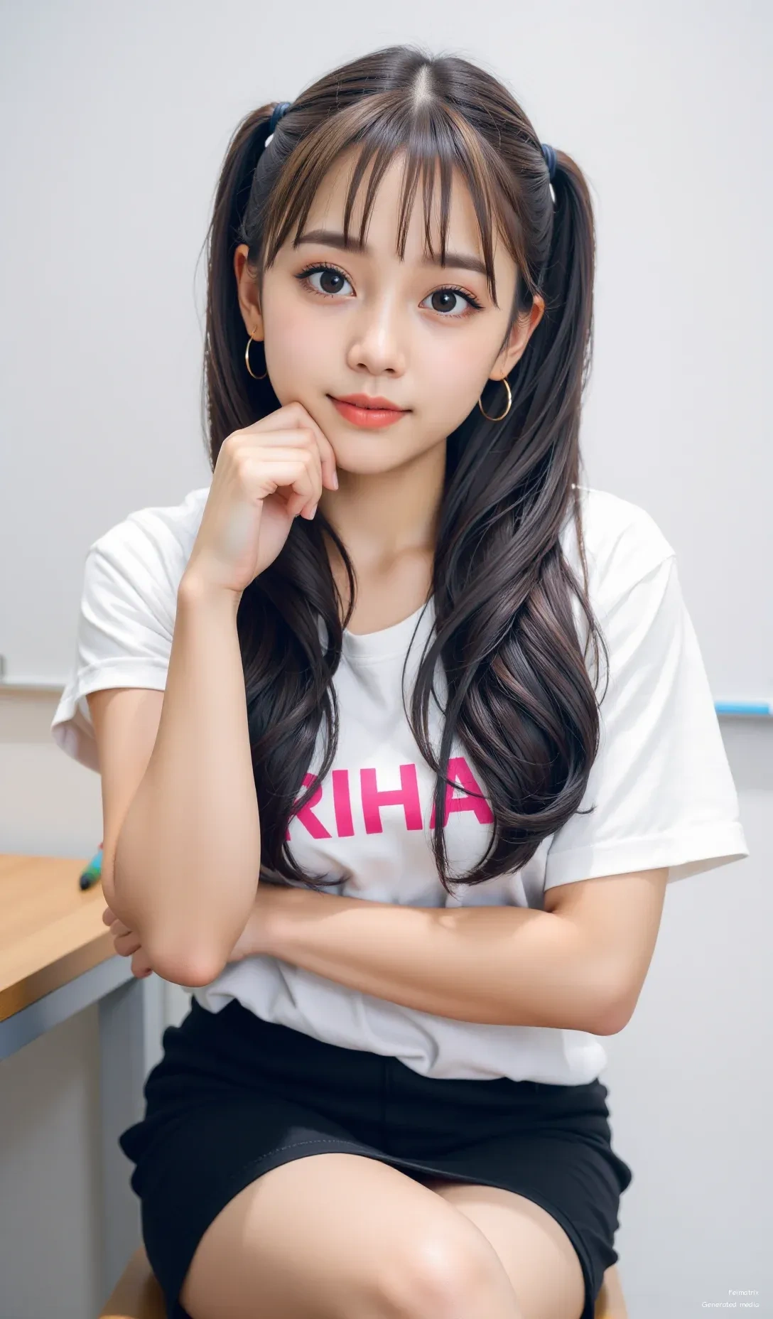 Hey everyone! 😊  
Just had a super chill moment at the desk—crossed arms, thoughtful pose, and a little smile.  
Who’s ready to vibe? 📚✨